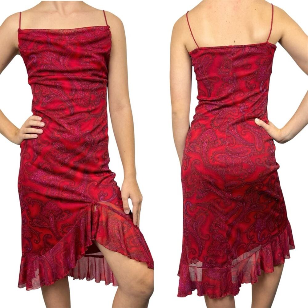 Vintage 90s Y2K City Triangles Red Paisley Stretch Midi Dress Fairy Whimsigoth